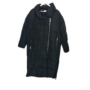 Mango MNG Parka Jacket Women M Black Padded Quilted Long Coat Asymmetrical Zip
